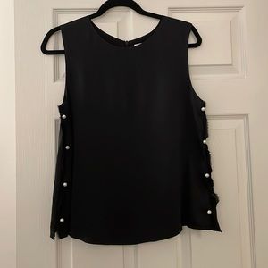 Cami NYC black silk tank top with side pearl frayed detail